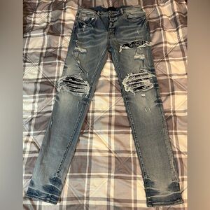Amiri Men's Skinny Jeans Size 34 Blue Distressed Denim with Bandana Pattern